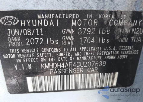 2012 Hyundai Elantra Limited (Ulsan Plant) from USA, damaged, VIN KMHDH4AE4CU207639